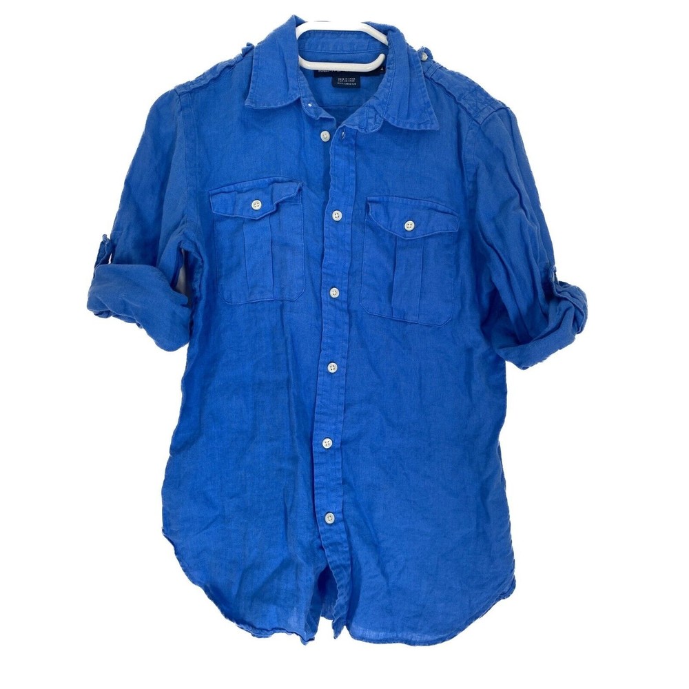 Ralph Lauren Sport Women Size 4 Blue 100% Linen Button Up 3/4 Sleeve Top Blouse